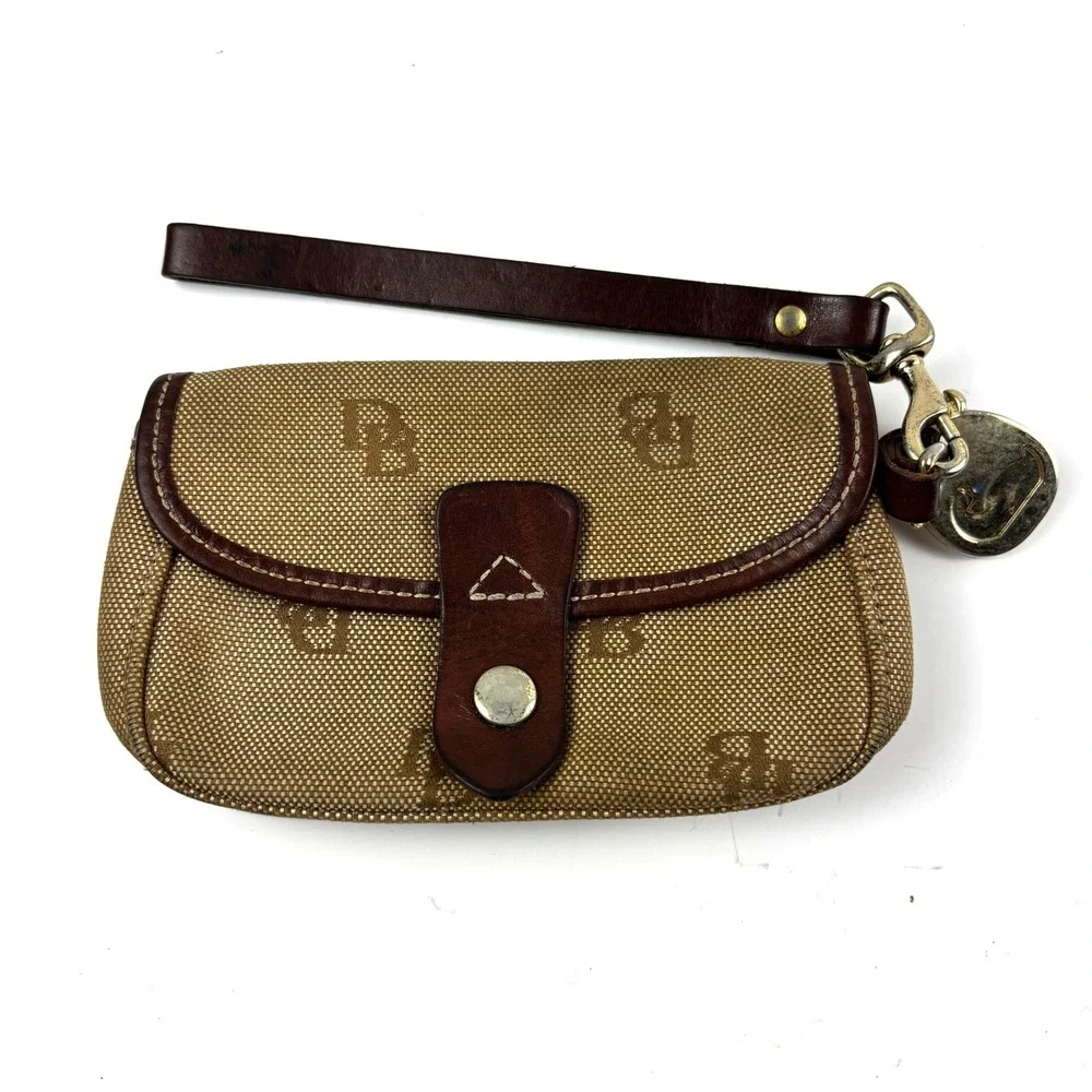 Dooney & Bourke Wristlet Pouch Women OS Tan Good Monogram Canvas Leather Trim
